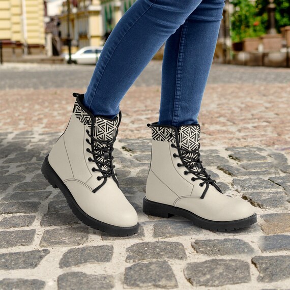 Cream Vegan Leather Combat Boots: Unisex Festival Boho Boots