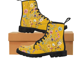 Yellow floral boots, combat,custom made boots, unique boots, bespoke boots, floral boots,festival boots,custom made funky Canvas Boots