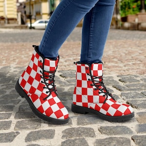Red and white checked custom made boots, red and white checked boots,made to order boots,combat boots,unique boots,funky boots,vegan leather
