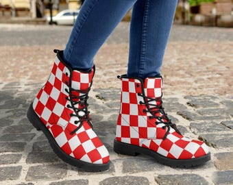 Red and White Checked Vegan Leather Combat Boots