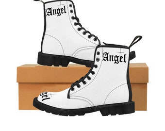 White Vegan Leather Combat Boots, Custom Angel Design