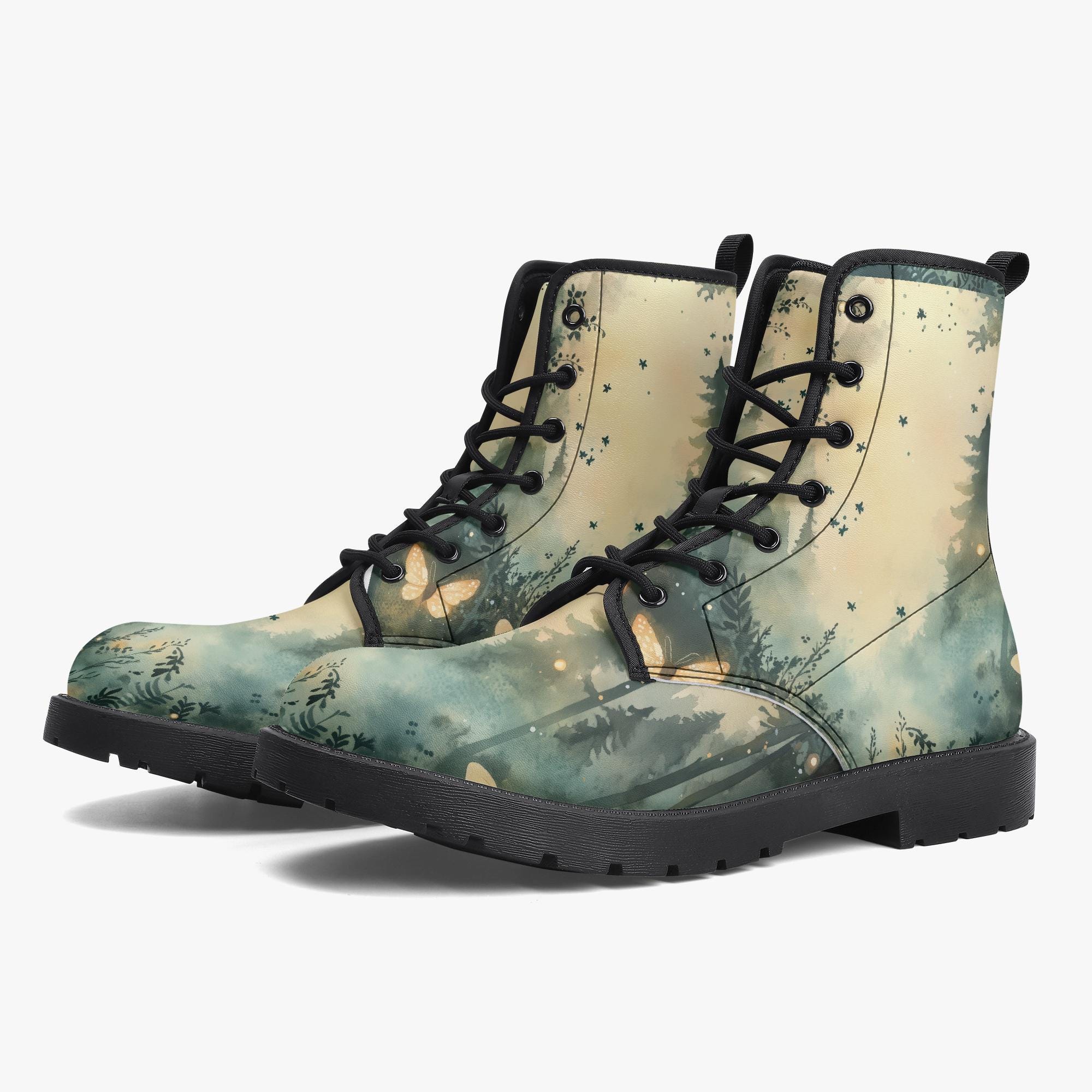 Enchanted Woodland Vegan Leather Combat Boots – Custom Made Unisex Boots – Nature Inspired Handmade Footwear