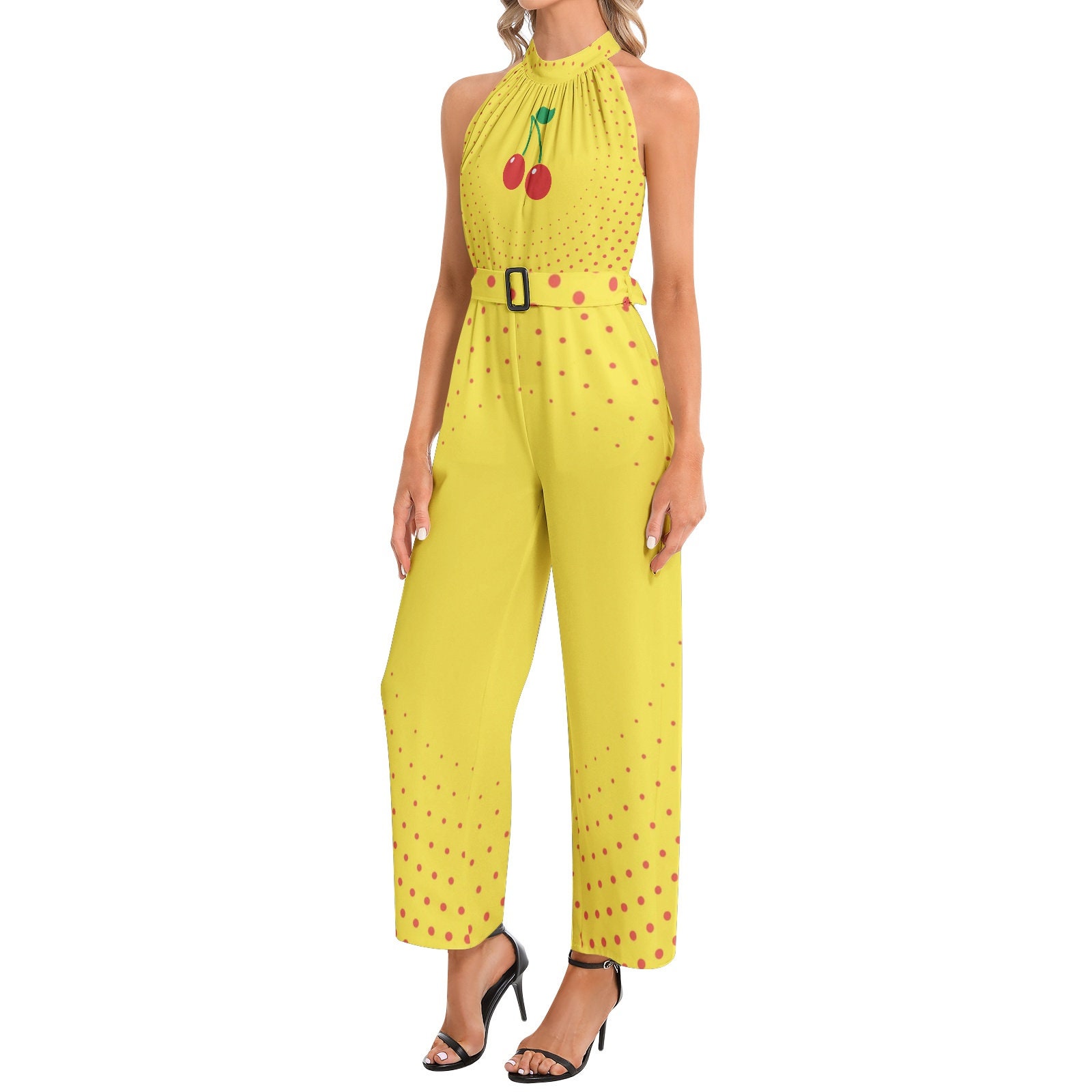 Halterneck Short-sleeve Art Print Jumpsuit