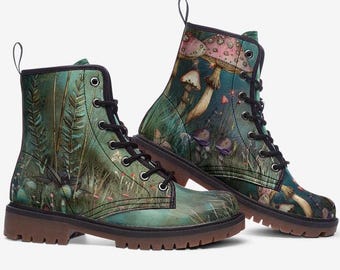 Mushroom Cottagecore Boots, Green Vegan Leather, Fairy Garden Boots