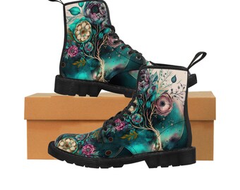 Colorful magic flowers  Aesthetic Women's Combat Boots, Mystical Woodland Boots, Goblincore Canvas Boots,unisexd, gift for her