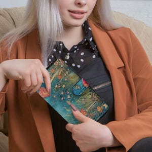 Monedero con diseño de bosque, billetera con solapa larga y cremallera, billetera para tarjetas de crédito hecha a medida, monedero, billetera con cremallera para dama hecha a medida, billetera