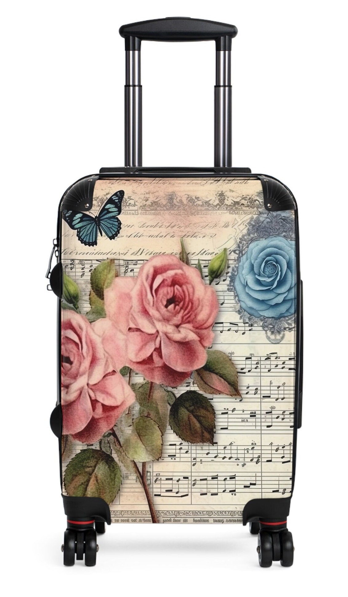 Valigia Rigida Nera Con 4 Ruote Con Stampa Di Fiori Leggera Da Cabina Da Viaggio Valigia Rigida Nera Con 4 Ruote Con Stampa Di Fiori Leggera Da Cabina Da Viaggio