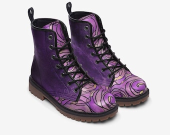 Purple Abstract Print Eco Leather Boots - Lace Up Vegan Boots