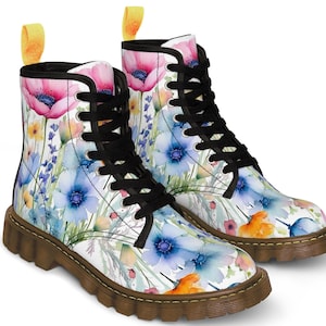 Floral pastel flowered Women&#39;s Canvas Boots,watercolour flowers,pastel,custom  made boots,bespoke boots,gift for her,flowered boots
