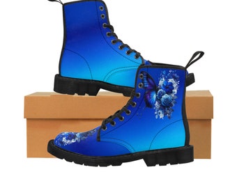 Blauwe vlinder aangepaste laarzen, blauwe laarzen, heldere bloue laarzen, dames canvas laarzen, vlinderlaarzen, aangepaste laarzen, op maat gemaakte laarzen