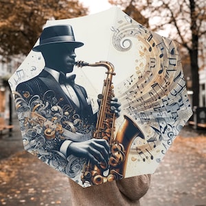 Músico de jazz, saxofonista, paraguas a medida, hecho a medida, regalo para amantes de la música, paraguas único, paraguas moderno, paraguas plegable automático
