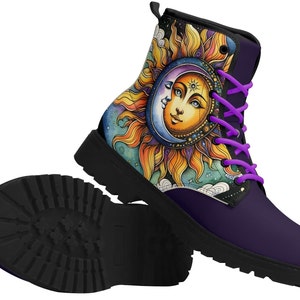 Purple Sun & Moon Vegan Leather Combat Boots: Celestial Festival Style