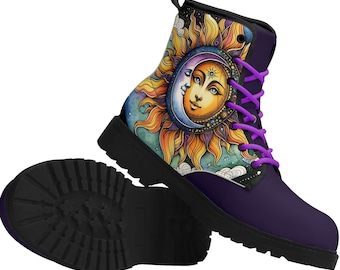 Purple Sun & Moon Vegan Leather Combat Boots: Celestial Festival Style