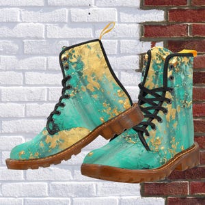 Green vegan leather boots, green boots, festival boots, custom made boots, made to order boots, lace up boots, canvas boots, green and gold