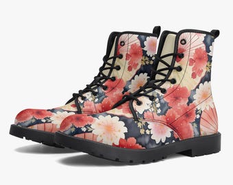 Custom Japanese Floral Vegan Leather Boots