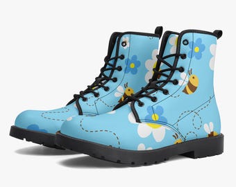 Custom Bee Design Combat Boots: Eco-Friendly Vegan Leather