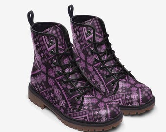 Purple Patterned Boots: Faux Leather, Wide Fit
