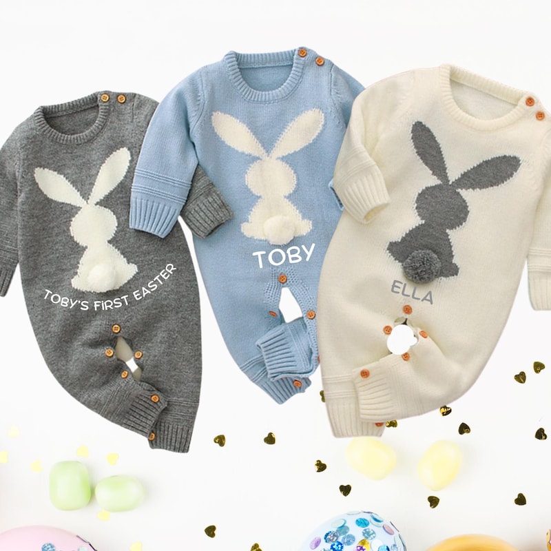 Personalized Easter Outfit, First Easter Outfit Onesie, Bunny Romper with Ears, Sweet Easter Outfit with Bonnet, Easter Gift