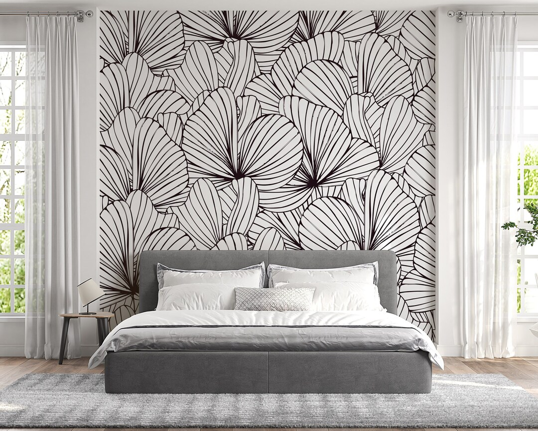 Black and White Floral Sketch Pattern Wallpaper Boho Style Etsy