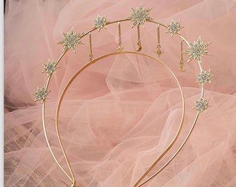 Halo Crown Stars Goddess Crown Halo Headband Tiaras and Crowns for Women Boho Bridal Wedding Headpiece