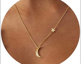 Moon and Star Pendant Necklace for Women Gold Crescent Moon Long Necklace Delicate Star Necklace Minimalist Jewelry Mother’s day gift