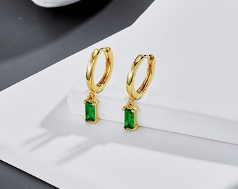 emerald coloured drop pendant , Gold plated huggie hoop earrings,  gold earrings, minimalist jewellery gift for her green hop earrings