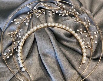 Halo crown decorated with Faux Pearl Headband, Goddess Wedding Crown, Bridal Tiara, Fun Birthday Headpiece, Party Celebration