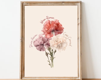 Carnation Flower Family Bouquet Print | Custom Personalized Printable Gift | Boho | Vintage | Gift for Grandma | Gift For Mom | Unique Art
