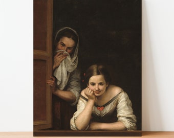 Premium Gallery Wrapped Bathroom Wall Art Humor Canvas- Funny Portrait Print - Classical Vintage Art - Two Women at a Window - Free Shipping