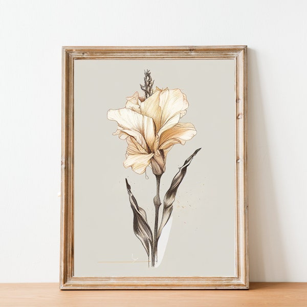 August Gladiolus Vintage Birth Month Flower Illustration - Minimalist - Hand-Drawn - Fine Art - Sketch - Printable - Instant Download