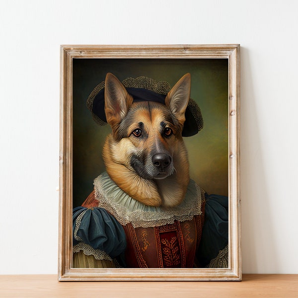 Renaissance Style Art - Digital Painting of German Shepherd Dog in Time Period Clothes - Printable - Instant Download - Dog Art - Dog Lover