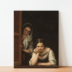 Premium Gallery Wrapped Bathroom Wall Art Humor Canvas- Funny Portrait Print - Classical Vintage Art - Two Women at a Window - Free Shipping