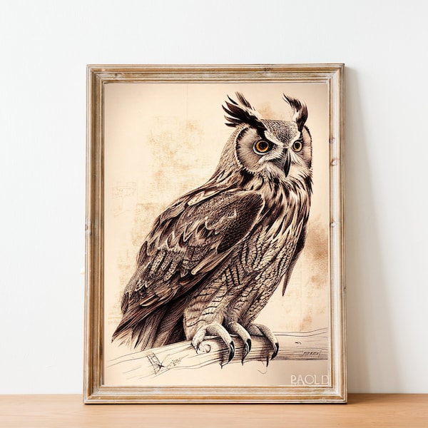 Vintage Hand-Drawn Eurasian Eagle-Owl Print - Rustic Home Decor - Wall Print - Antique - Cottage Core - Bird Gift - Bird Lover - Owl Art