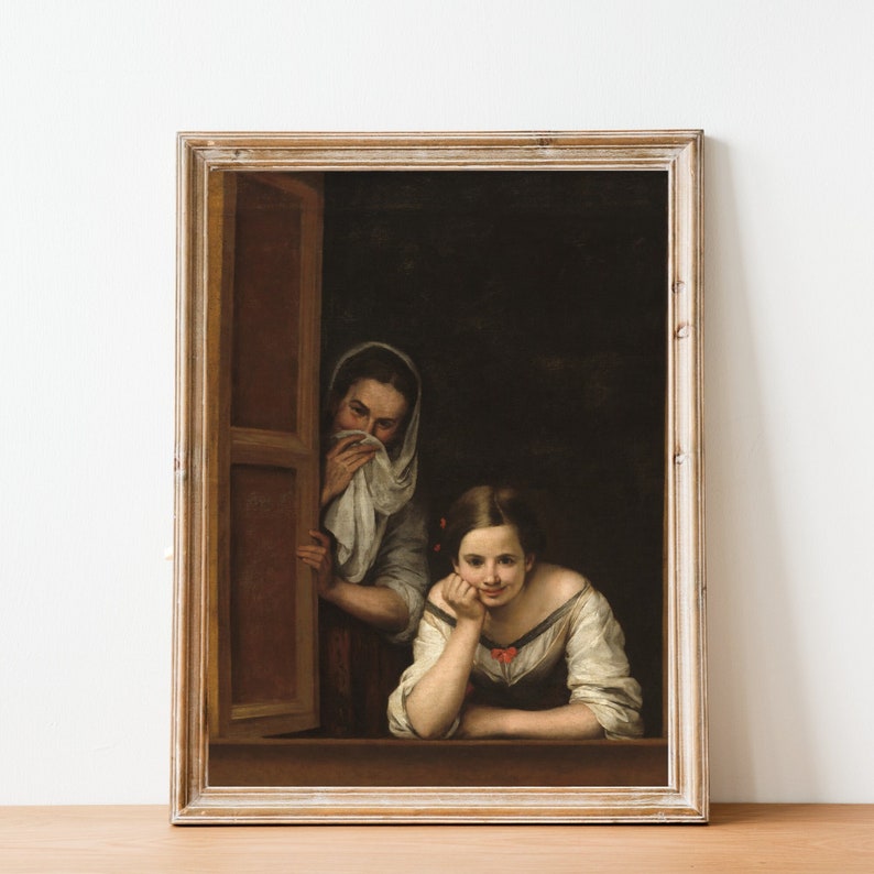 Bathroom Art Humor Funny Portrait Print Classical Vintage Art Instant Download Two Women at a Window Printable Poster Wall Art image 1