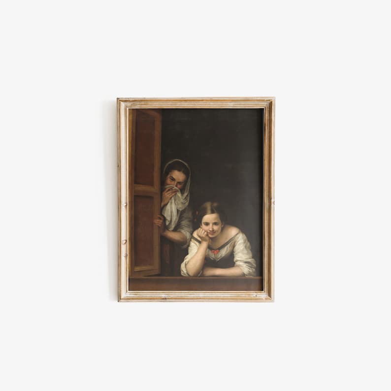 Bathroom Art Humor Funny Portrait Print Classical Vintage Art Instant Download Two Women at a Window Printable Poster Wall Art image 2