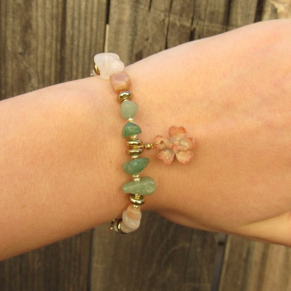 Stone chip bracelet | flower/blossom charm | pink/green/gold | gold chain | dressy/casual | gift | rose quartz, green adventure, sunstone