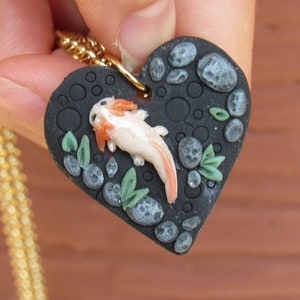 Axolotl necklace pendant, axolotl pond pendant, cute axolotl jewelry, polymer clay axolotl charm, heart-shaped axolotl necklace pendant