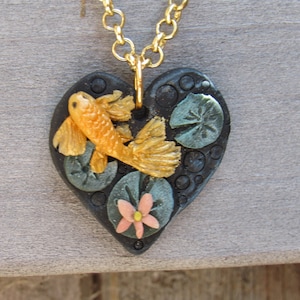 Koi pond necklace pendant, heart-shaped pendant, cute necklace pendant, koi fish jewelry, animal necklace, fish charm, polymer clay pendant