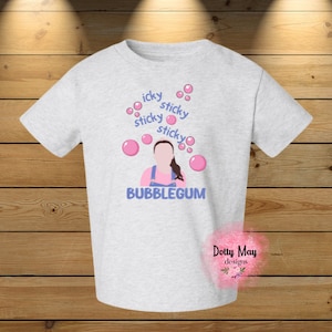 May include: A gray t-shirt with a cartoon illustration of a girl with pink bubbles and the text "icky sticky sticky sticky BUBBLEGUM".
