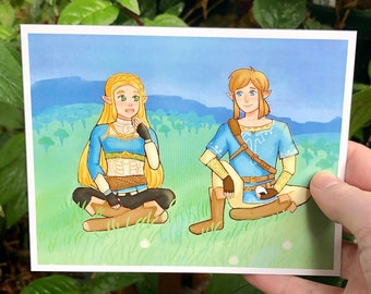 May include: A watercolor illustration of two cartoon characters, a blonde woman and a man with brown hair, sitting on a grassy field. The woman is wearing a blue and gold outfit and the man is wearing a blue and brown outfit. The background is a blue sky with a mountain range in the distance.