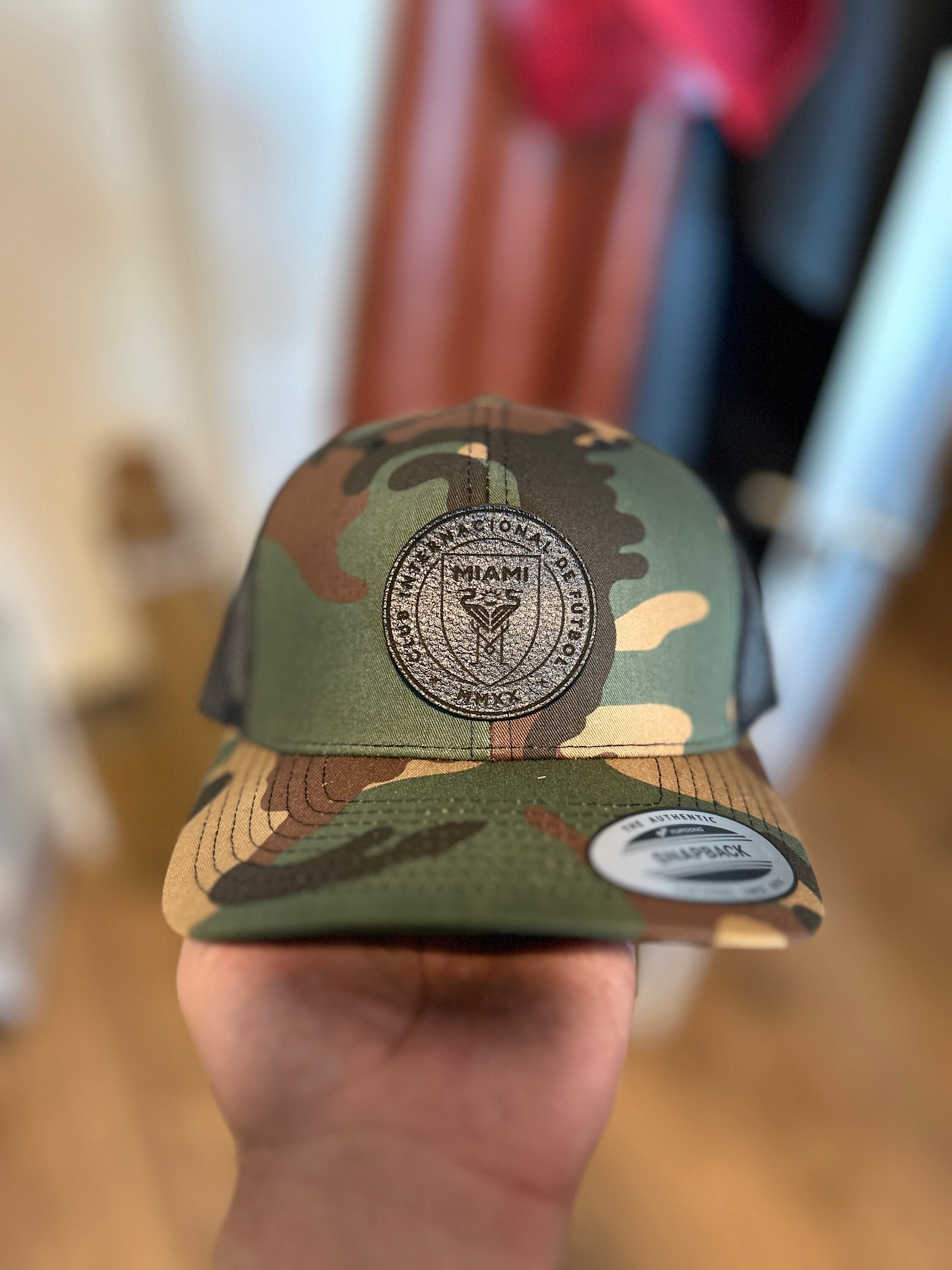 Handmade Inter de Miami Futbol Club Logo Black Leather on Trucker Hat. One Size Adjustable.