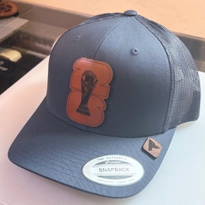 Puede incluir: Gorra de camionero gris con parte trasera de malla y visera curva. La gorra presenta un parche de cuero marrón con un diseño estilizado y una pequeña etiqueta de cuero marrón. Tiene cierre snapback y una etiqueta blanca que dice "SNAPBACK".