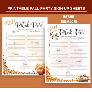 May include: Printable sign-up sheet for a fall potluck party. The sheet has a watercolor background with fall leaves and a pumpkin. The text says "Fall Y'all Potluck Party" and has sections for appetizers, sides, drinks, desserts, and main dishes.