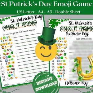 May include: Printable St. Patrick's Day Emoji Game with answer key. The game features a green shamrock design and a yellow smiley face with a wink. The answer key includes a gold horseshoe.