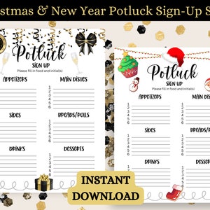 Christmas Party Potluck Signup Sheets | New Year Party Sign up | Potluck Signup Printable