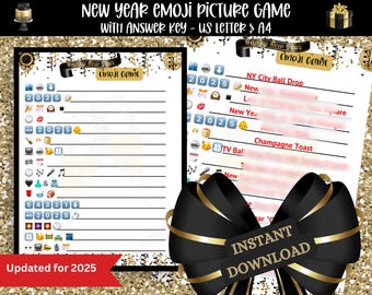Gra obrazkowa emoji na Sylwestra z kluczem odpowiedzi | Gry do druku | Gra na Sylwestra, Gra noworoczna, Gra na imprezę świąteczną