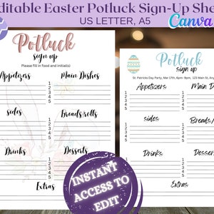 May include: Editable Easter potluck sign-up sheet with a bunny and egg design. The sheet includes sections for appetizers, main dishes, sides, breads/rolls, drinks, desserts, and extras. The text says "Potluck Sign Up" and "St. Patrick's Day Party, Mar 17th, 6pm-9pm, 123 Main St, Any City, USA".