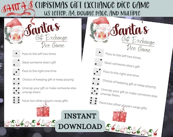 Juego de dados de intercambio de regalos de Navidad Juego de intercambio de regalos de Santa en A4, carta, hoja doble y múltiplos por página / descarga instantánea imprimible