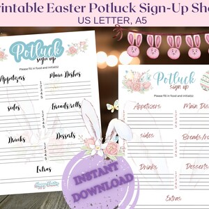 Könnte beinhalten: Druckbarer Oster-Potluck-Anmeldezettel mit Hasenohren und Blumendesigns. Das Blatt ist in Abschnitte für Vorspeisen, Beilagen, Getränke, Desserts, Hauptgerichte, Brötchen/Brötchen und Extras unterteilt. Der Text "Potluck sign up" befindet sich oben auf dem Blatt.