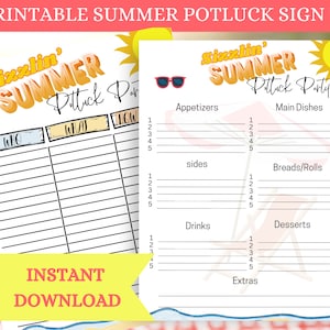 Printable Potluck Sign Up Sheet Summer Potluck Sheet Summer Party Potluck Summer Picnic Potluck Party